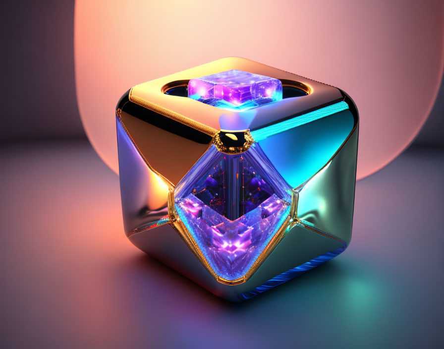 Glossy metallic cube with illuminated crystals on pink and blue background