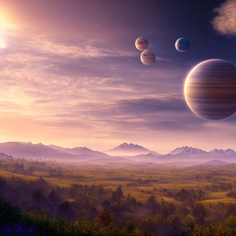 Twilight landscape with large planets over hills