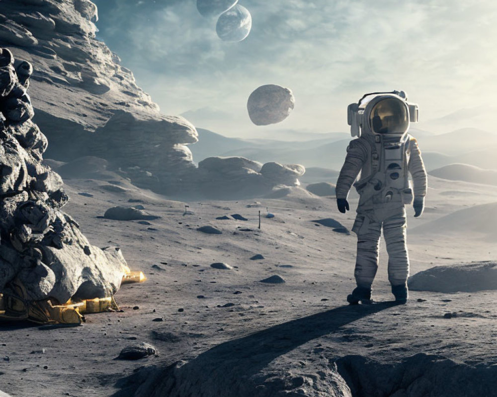 Astronaut on rocky lunar surface with multiple moons in grey sky