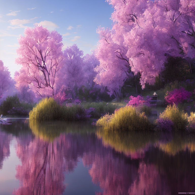 Tranquil scene of pink and purple trees by calm water