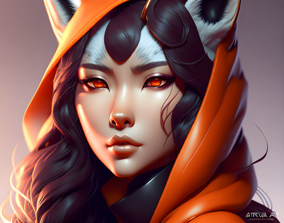 Illustrated portrait of woman with fox ears and red eyes in orange hood, mystical style