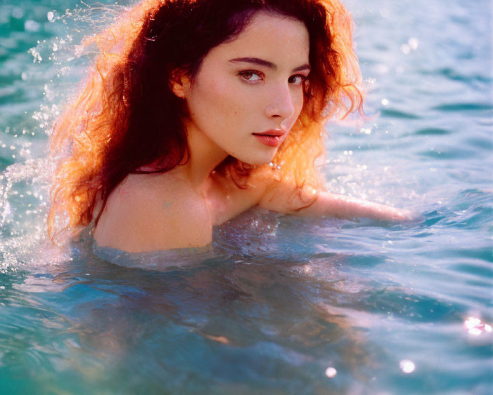 Reddish-Haired Woman Swimming in Clear Blue Water under Sunlight