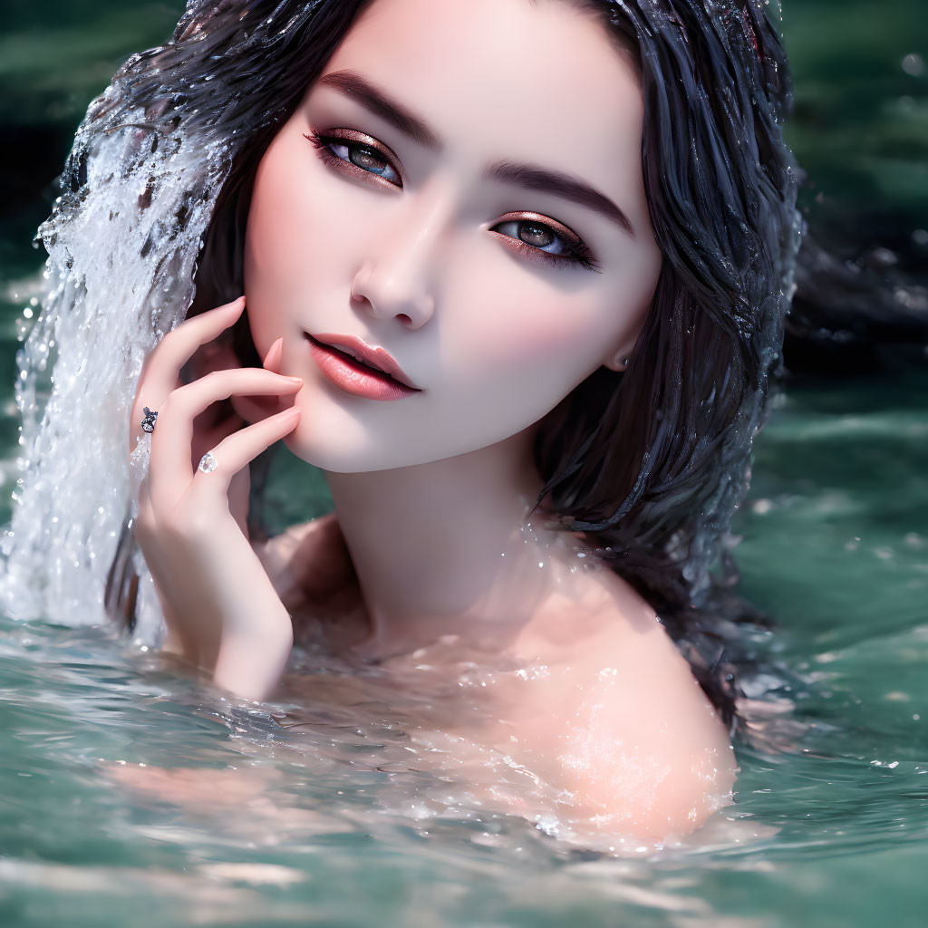 Woman with Striking Eyes Emerges from Water