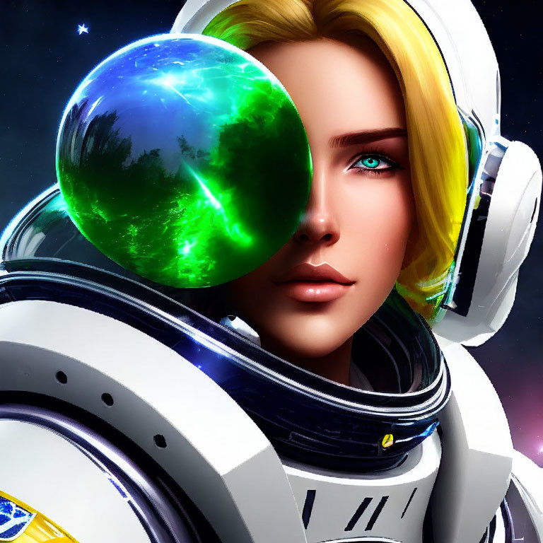 Blonde female astronaut with blue eyes and green orb in futuristic setting