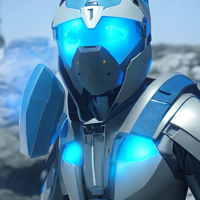 Futuristic soldier in blue and white power armor on snowy backdrop