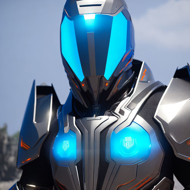 Futuristic blue and black armored suit with glowing lights and obscured face