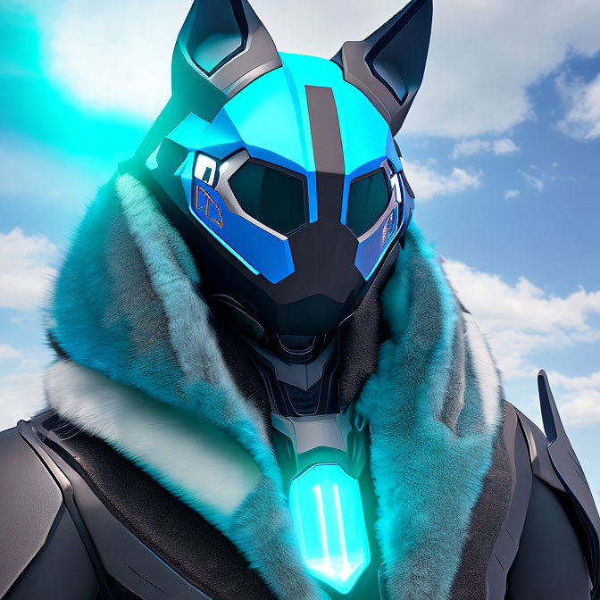 Futuristic robotic wolf head with glowing blue eyes and energy core, wearing fur-trimmed cloak