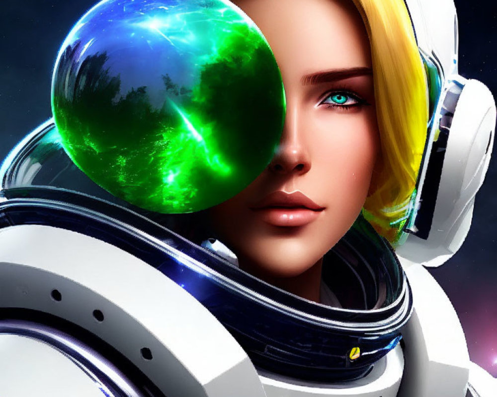 Blonde female astronaut with blue eyes and green orb in futuristic setting