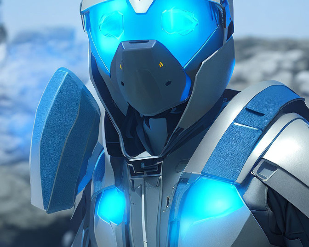 Futuristic soldier in blue and white power armor on snowy backdrop