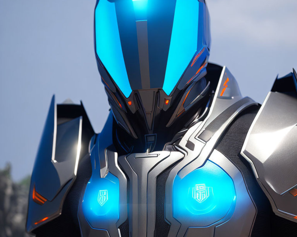 Futuristic blue and black armored suit with glowing lights and obscured face