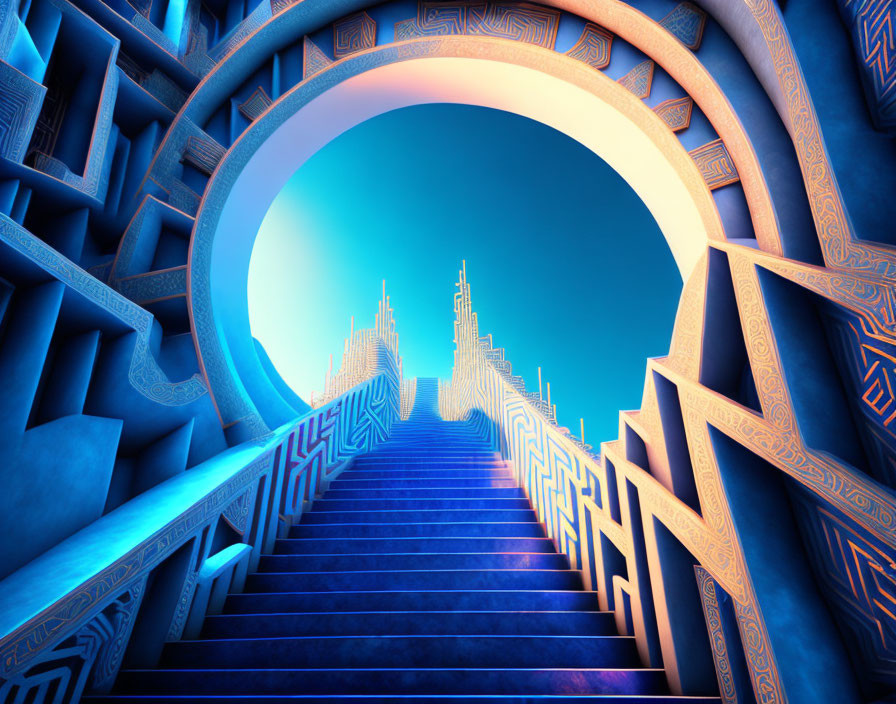 Elaborate staircase leading to cityscape under blue hue