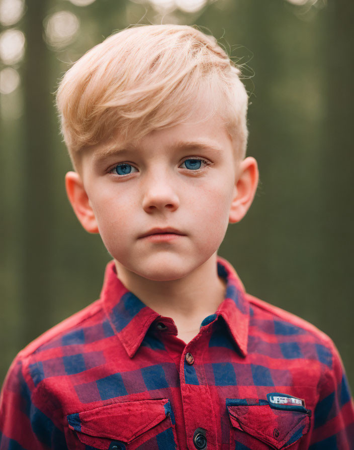 Blond Boy in Red Checkered Shirt with Blue Eyes in Forest Setting