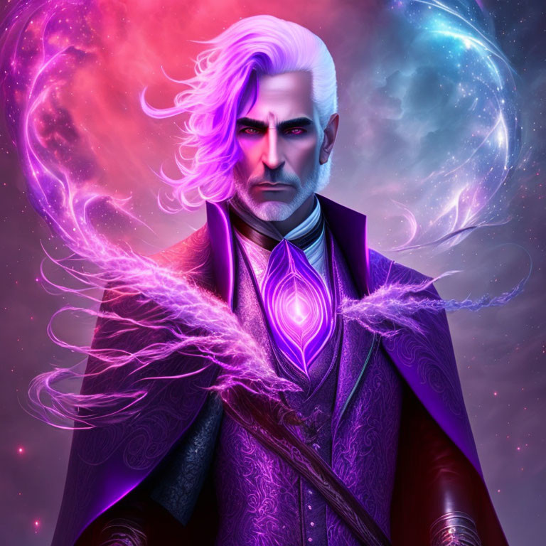 Silver-haired man in purple cloak amid swirling nebulae