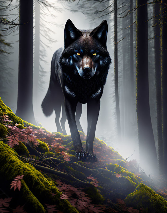 Majestic Black Wolf in Misty Forest Scene