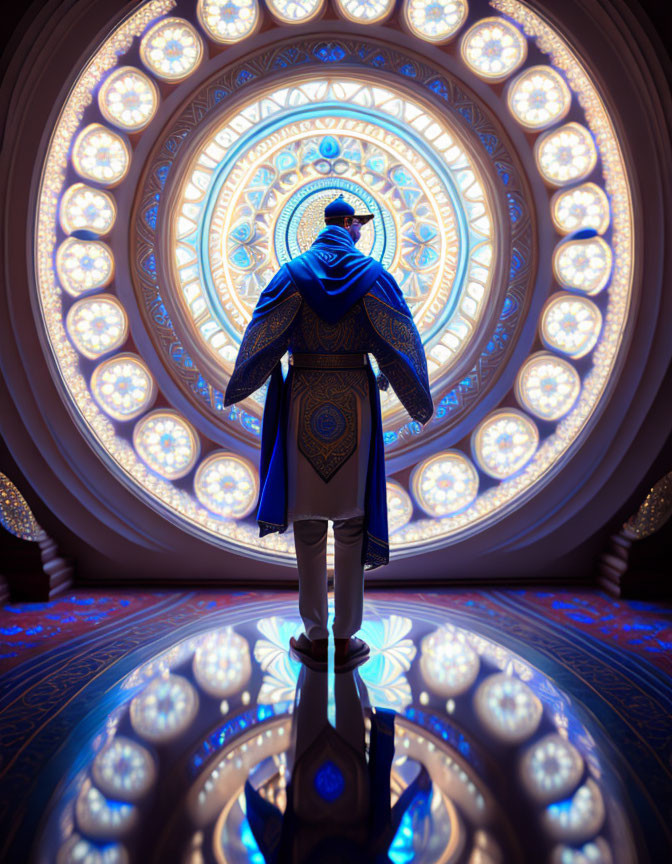 Person in Blue Cloak Standing Before Illuminated Circular Window