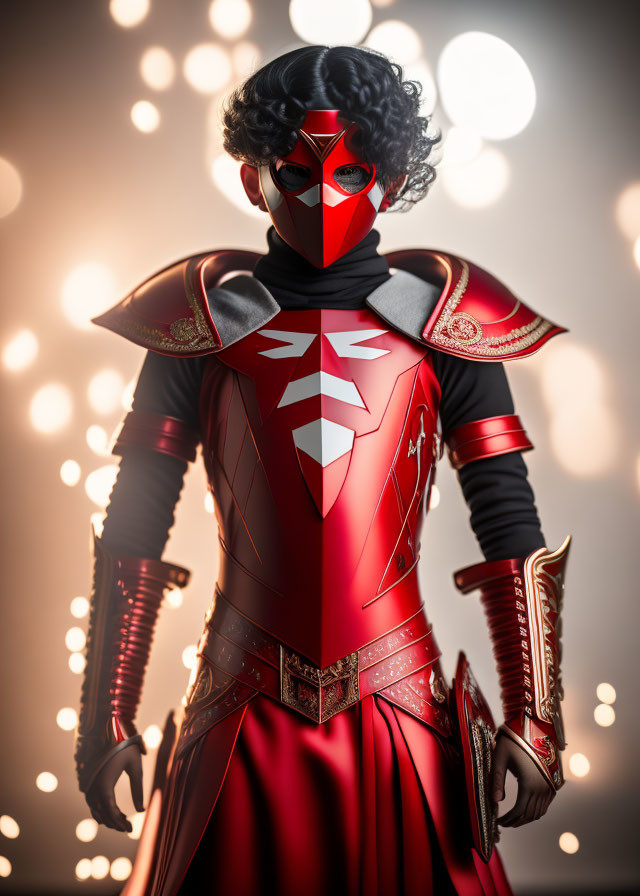 Ornate Red and Black Costume with Masked Helmet and Glowing Lights