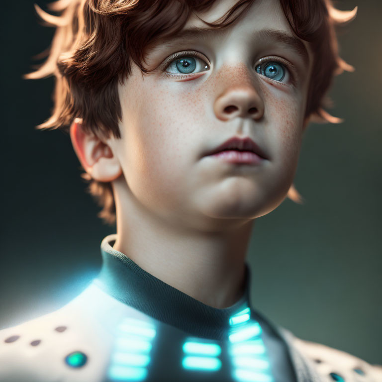 Young boy with curly hair and freckles in futuristic suit with blue lights