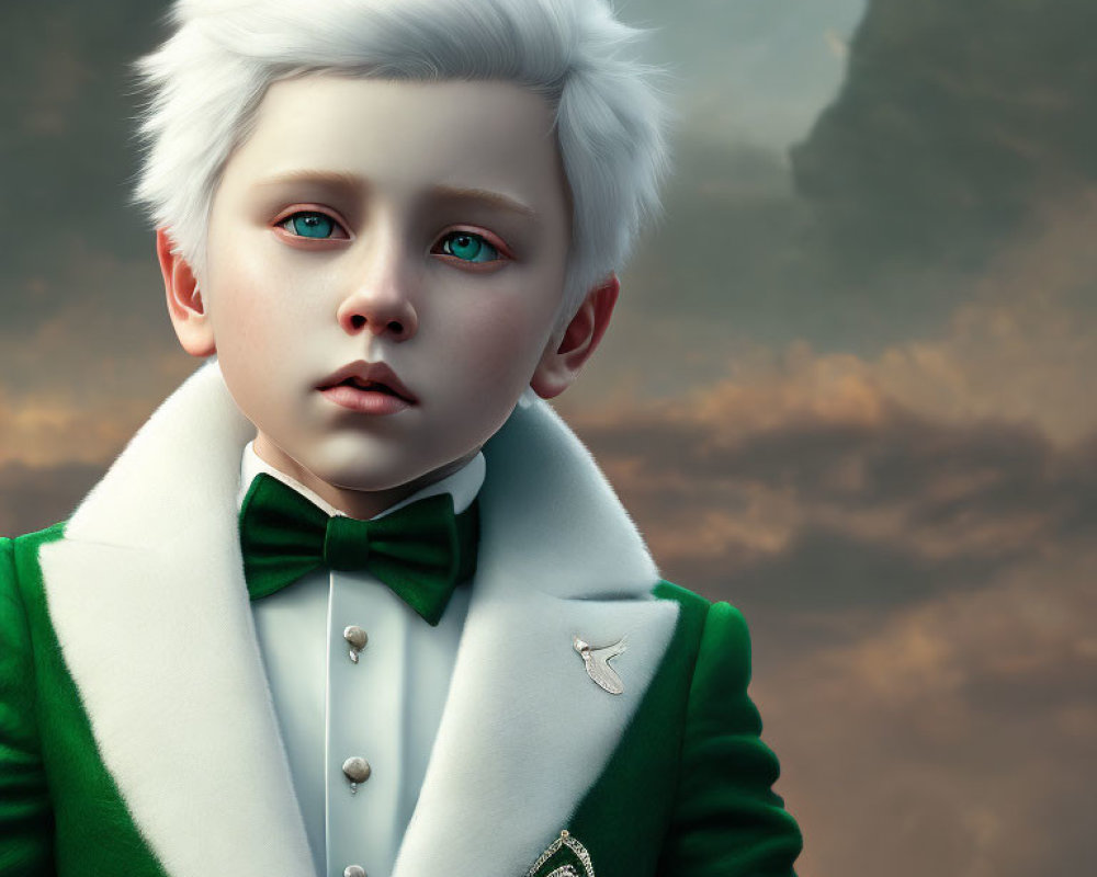 Young boy with white hair in green tuxedo against cloudy backdrop