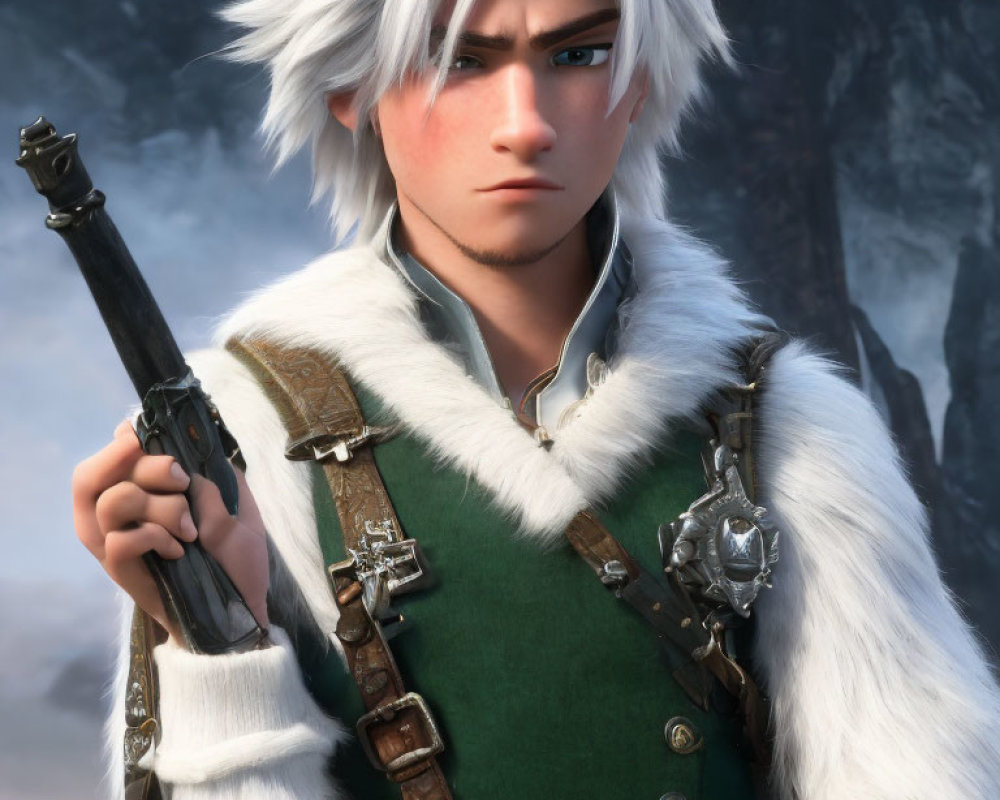 Animated character with white hair, staff, green tunic, fur, and leather details