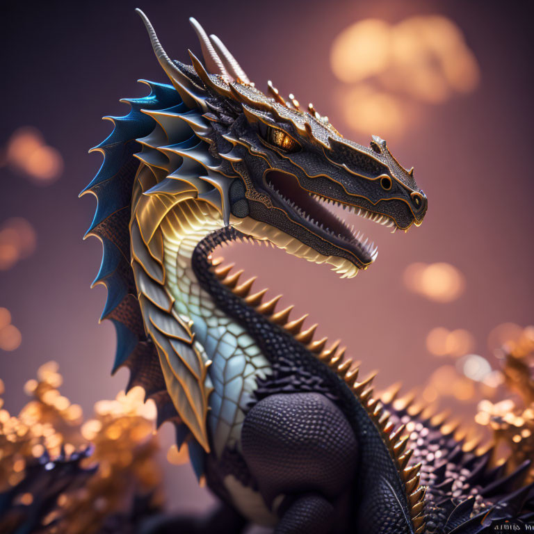 Detailed 3D-rendered dragon with sharp scales and horns on golden foliage background