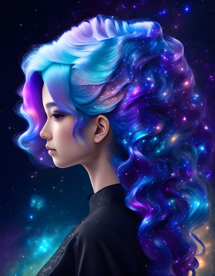 Voluminous blue and purple hair in galaxy backdrop