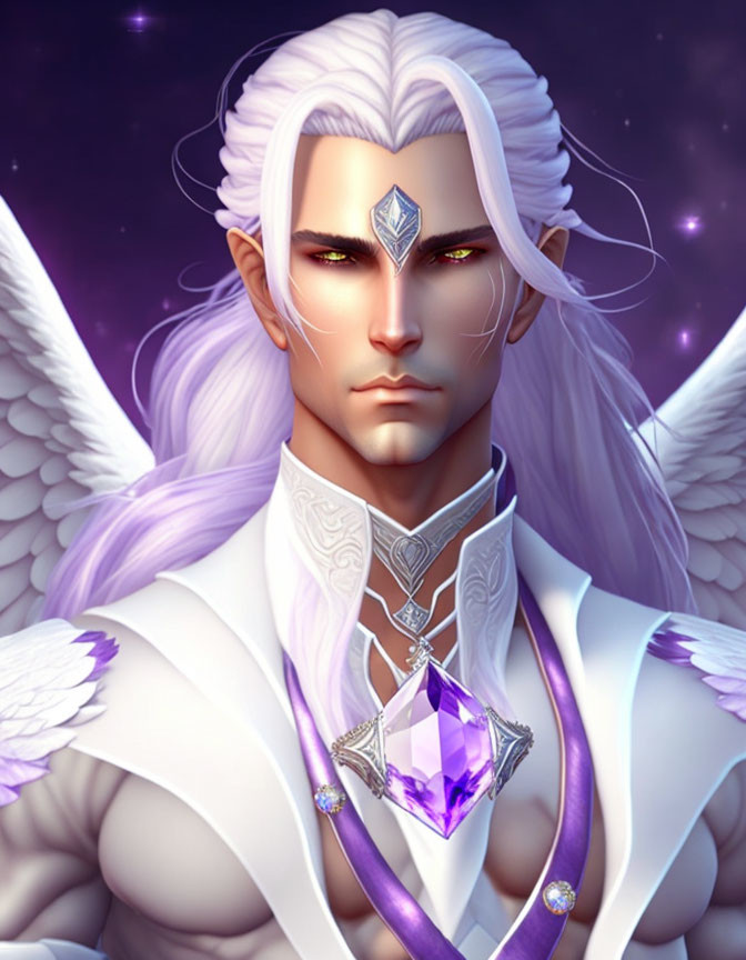 White-haired male figure with angelic wings and pointed ears in regal attire and silver pendant on star