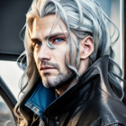 Silver-haired man in leather jacket illustration against motorcycle backdrop