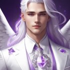 White-haired male figure with angelic wings and pointed ears in regal attire and silver pendant on star