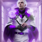 Regal man with silver hair in white and purple robe in ornate hall