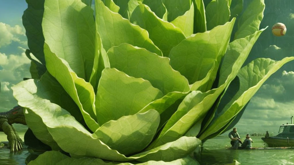 Giant Lettuce Landscape with Tiny People Boat and Basketball