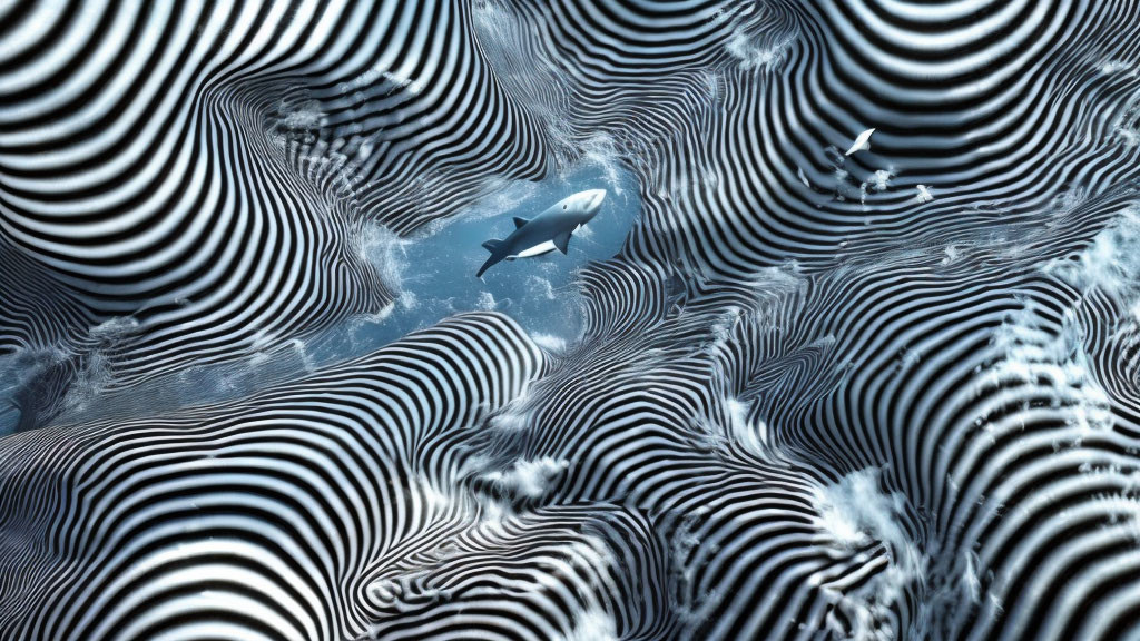 Abstract Shark Swimming Among Patterned Wavy Lines