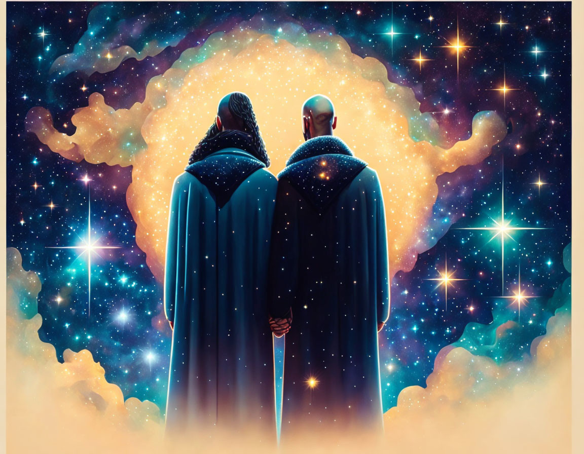 Cloaked figures in mystical cosmic scene with staff