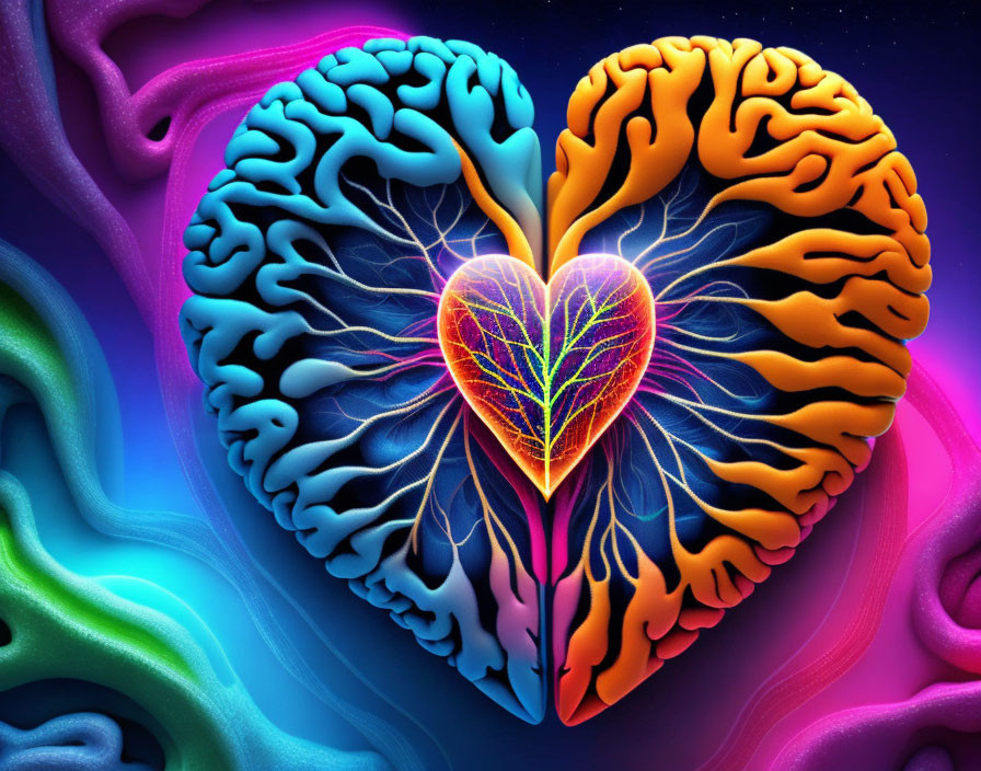 Colorful Heart-Shaped Image with Blue and Orange Brain Textures