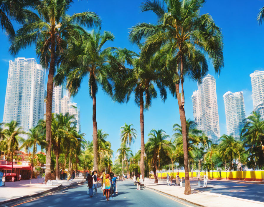 Palm-lined Boulevard on Sunny Day with People and Tall Buildings