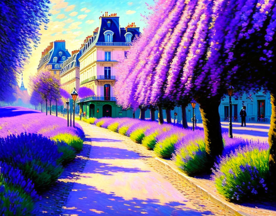 Colorful Parisian street scene with blooming purple trees and classic European architecture.