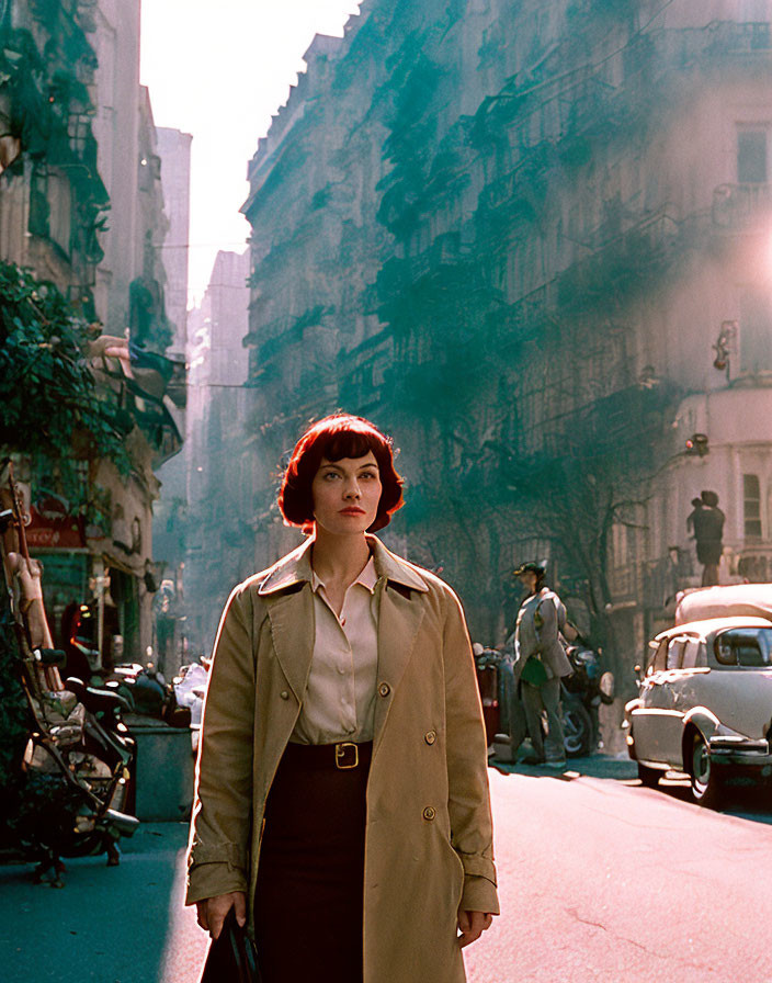 Red-haired woman in beige coat on vintage street with classic cars