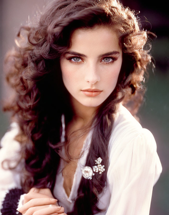 Woman with voluminous curly hair and captivating eyes in white blouse with floral pin gazes at camera