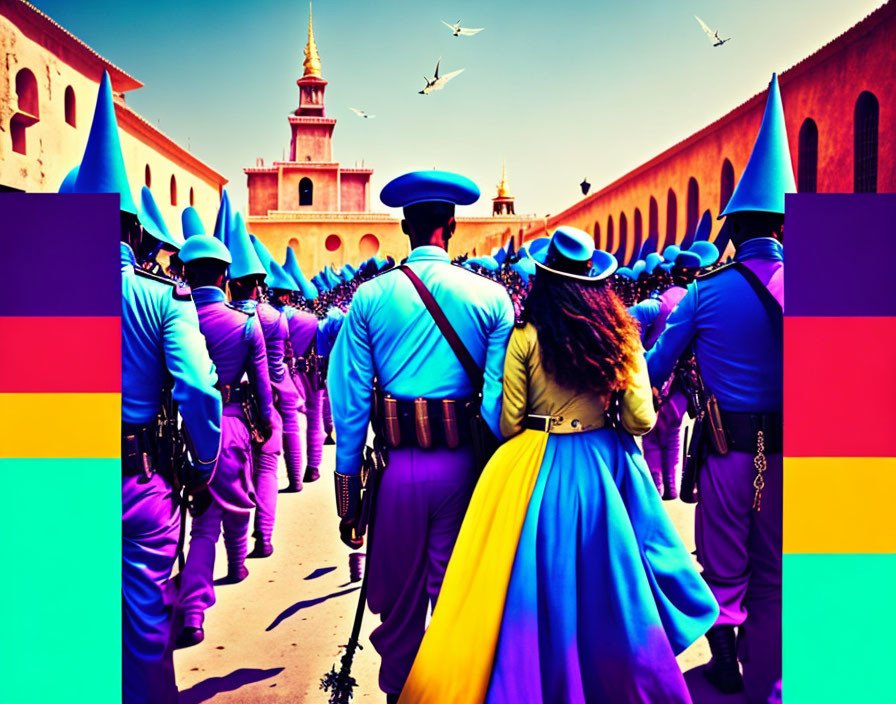 Uniformed individuals in blue hats march through historic square with vibrant colors and flying birds.