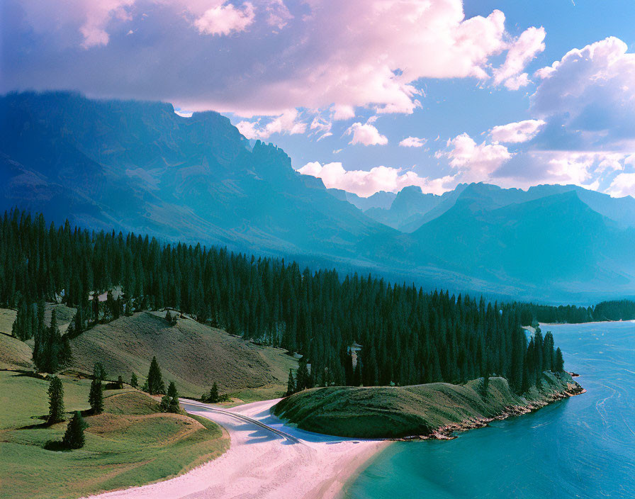 Scenic landscape: serene lake, winding road, pine trees, hills, mountains, cloudy sky