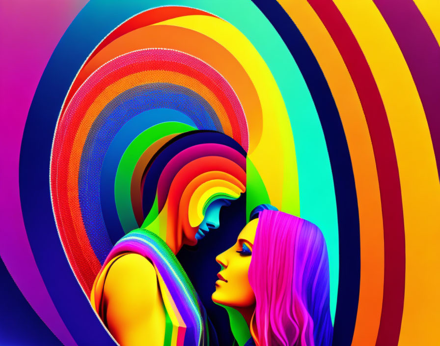 Colorful digital artwork: two figures touching foreheads on spiral background