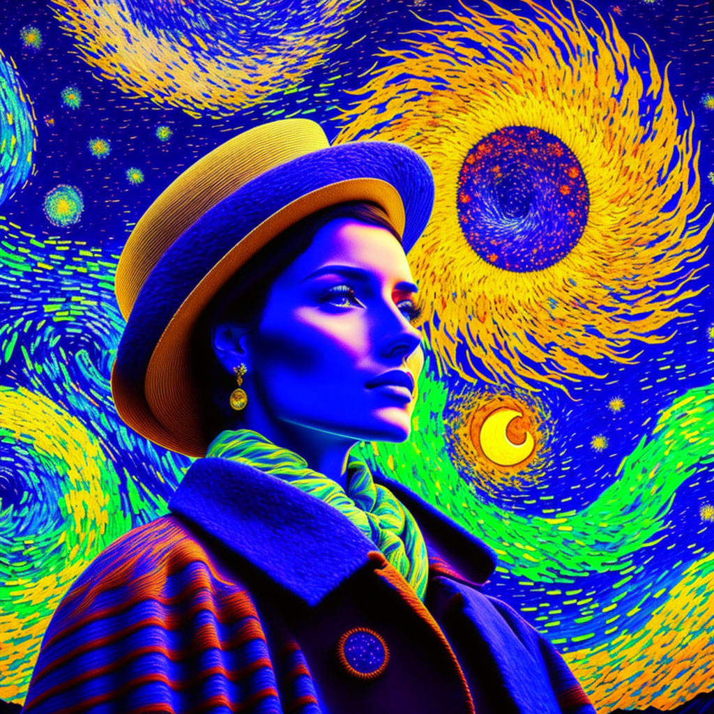 Blue-skinned person in hat on Van Gogh-inspired starry night background