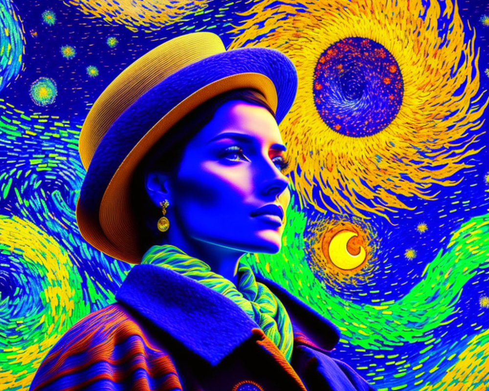 Blue-skinned person in hat on Van Gogh-inspired starry night background