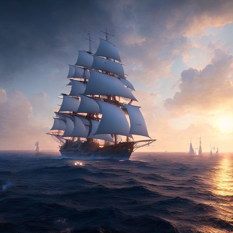 Majestic tall ship sailing at sunset with full white sails