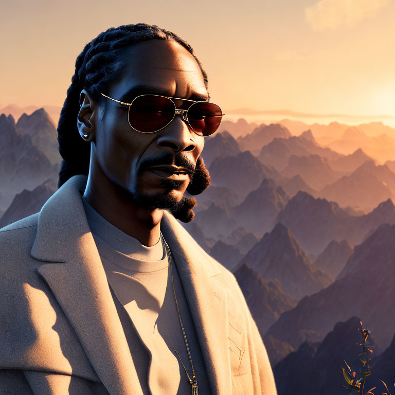 Stylized 3D rendering: Braided hair man in sunglasses with coat, sunset mountains