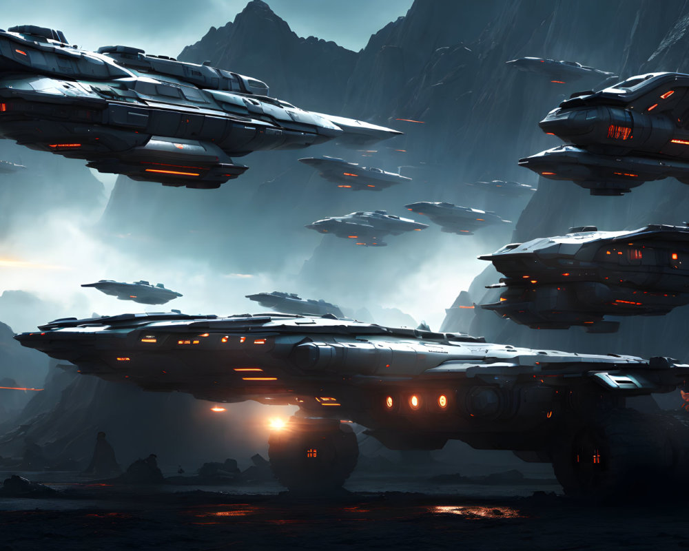 Futuristic spaceships over alien landscape with lava streams