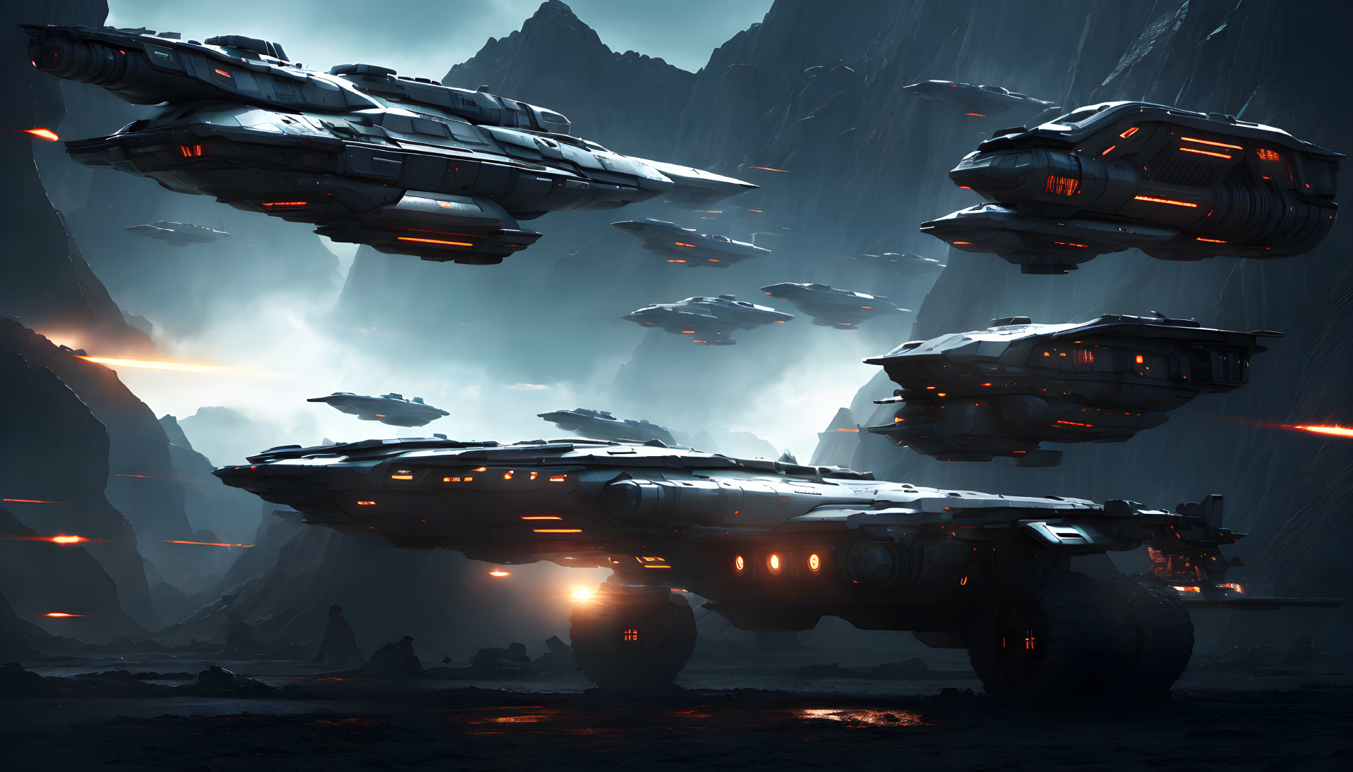 Futuristic spaceships over alien landscape with lava streams