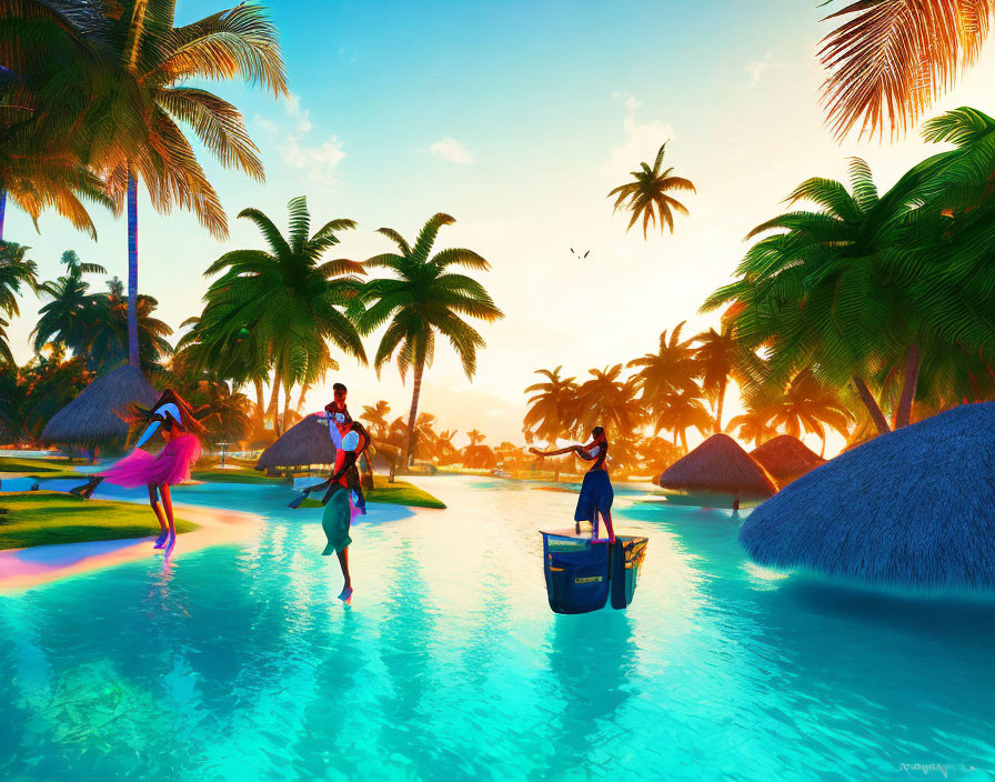 Vibrant Tropical Paradise with Dancing People, Palm Trees, Thatched Huts, and Sunset Sky