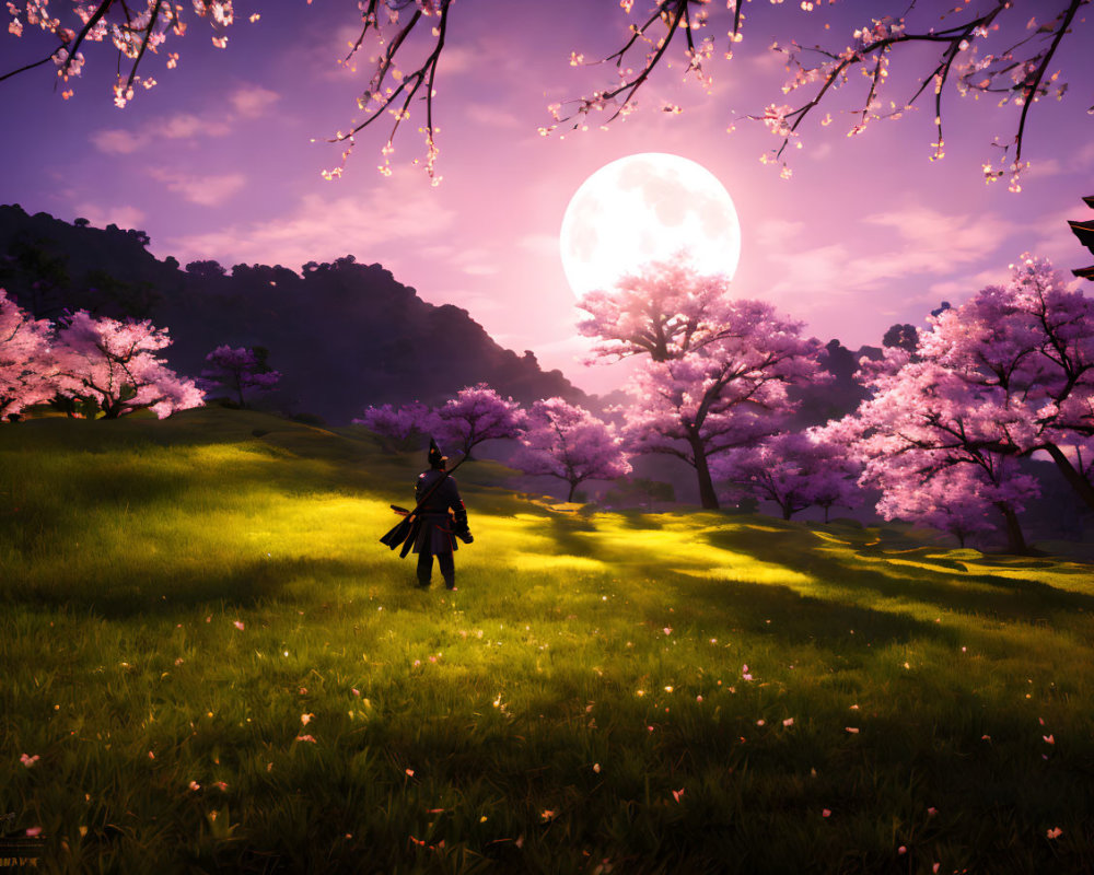 Tranquil cherry blossom landscape at dusk with character and luminous moon