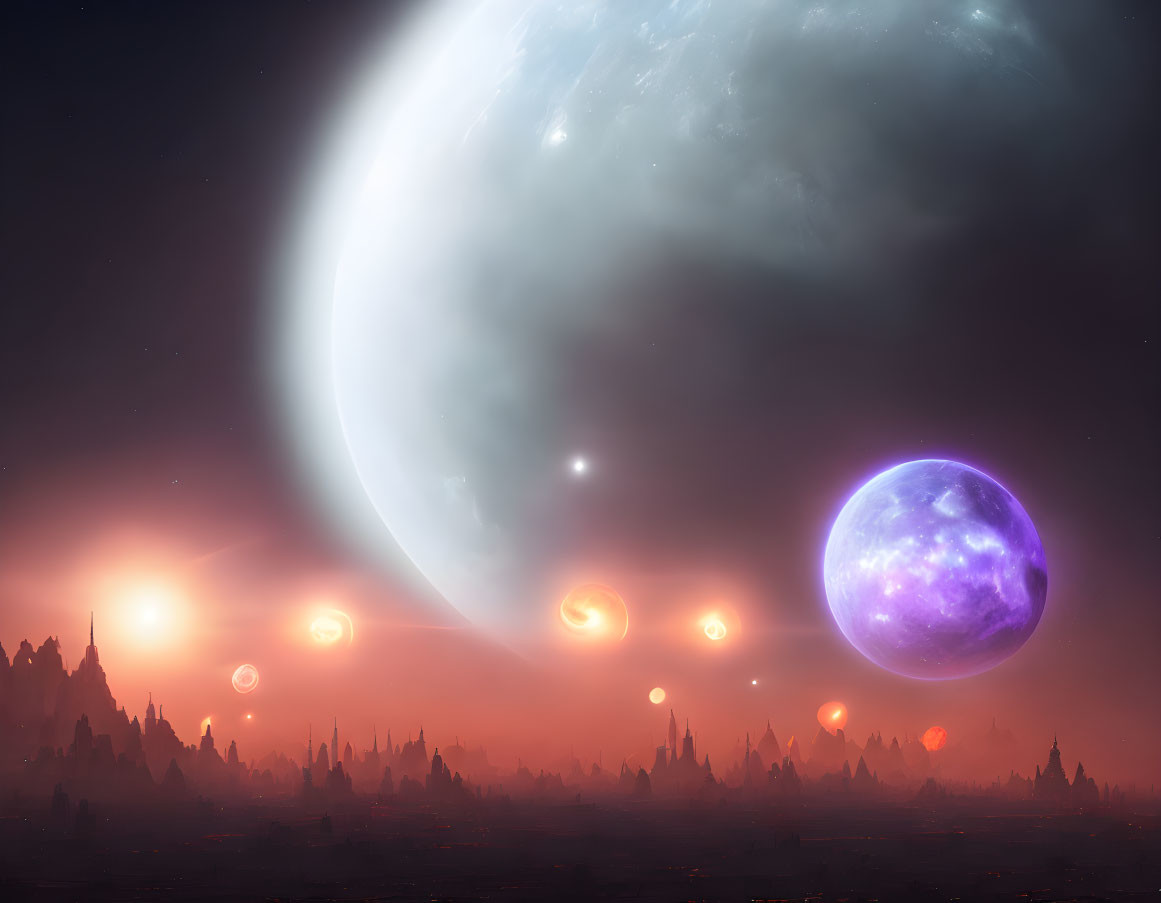 Futuristic sci-fi landscape with moon, purple planet, city silhouette, and cosmic backdrop