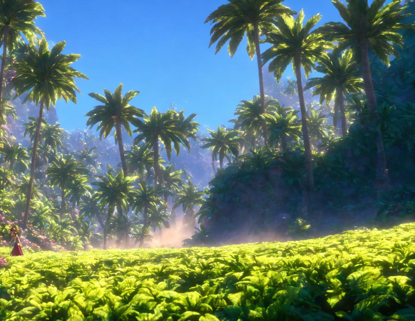 Tropical Forest Scene with Palm Trees and Figure in Sunlit Clearing